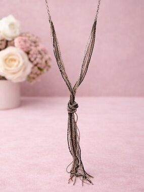 Multi-Strand Knotted Beaded Necklace - Black and Silver